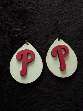Philadelphia Phillies Wooden Teardrop Earrings in White and Red